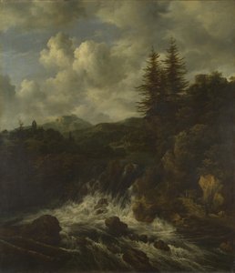 Un paysage avec une cascade et un château sur une colline - Jacob van Ruisdael